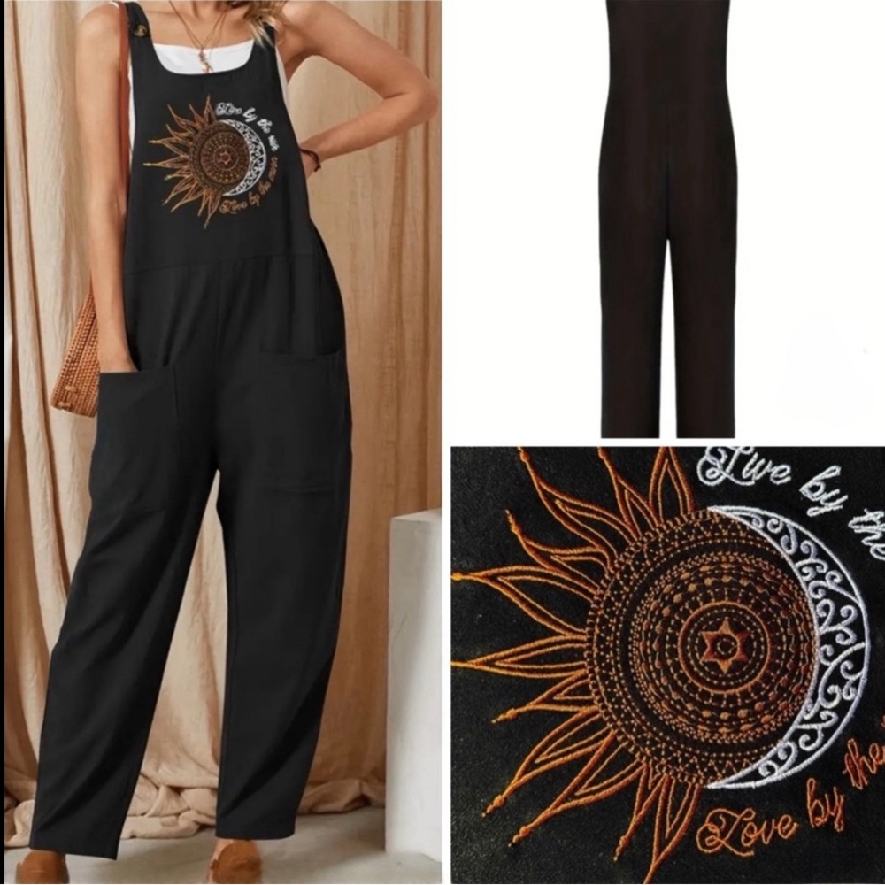 Bohemian Black Celestial Sun Embroidered Cotton Overalls/Jumper - Picture 2 of 5
